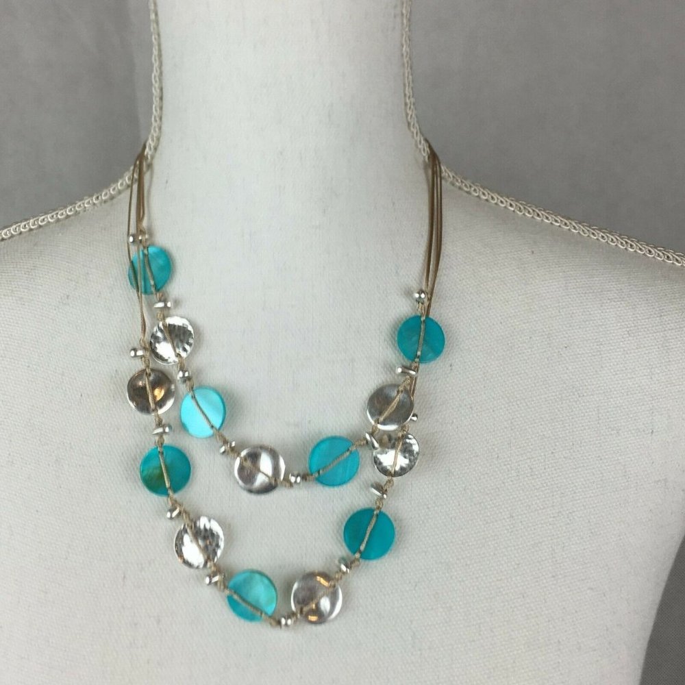 Silvertone 2 Row Turquoise Color Shell Necklace NEW
